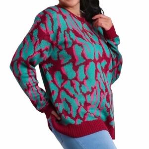 UMGEE Oversized Red and Teal Leopard Print Sweater